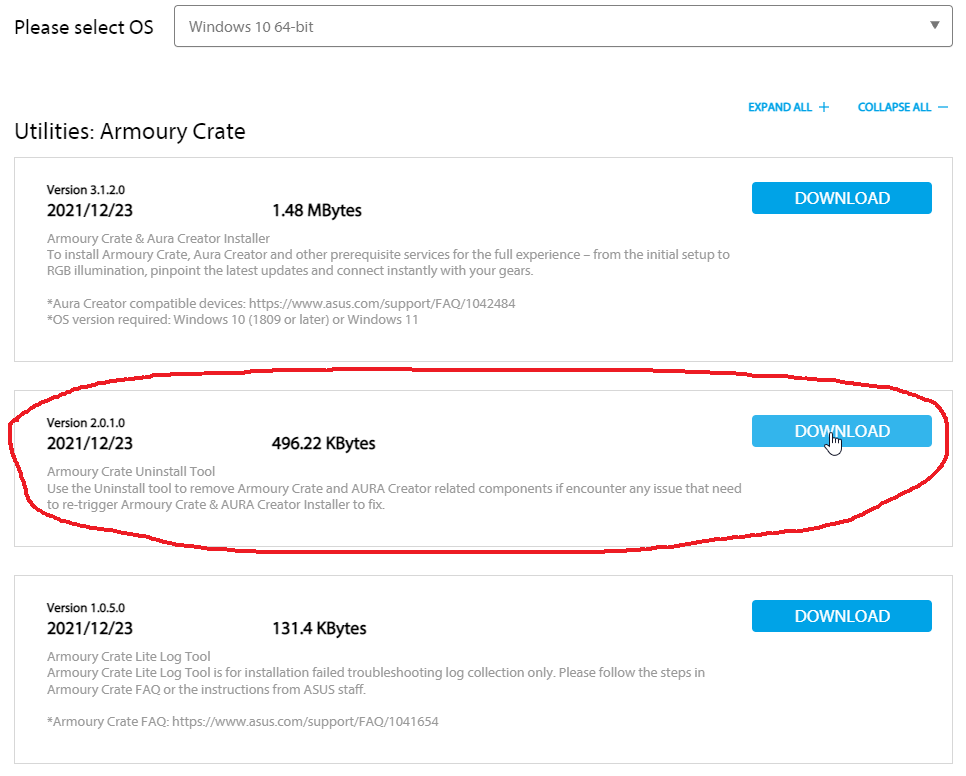 Download Link zum Armoury Crate Uninstaller